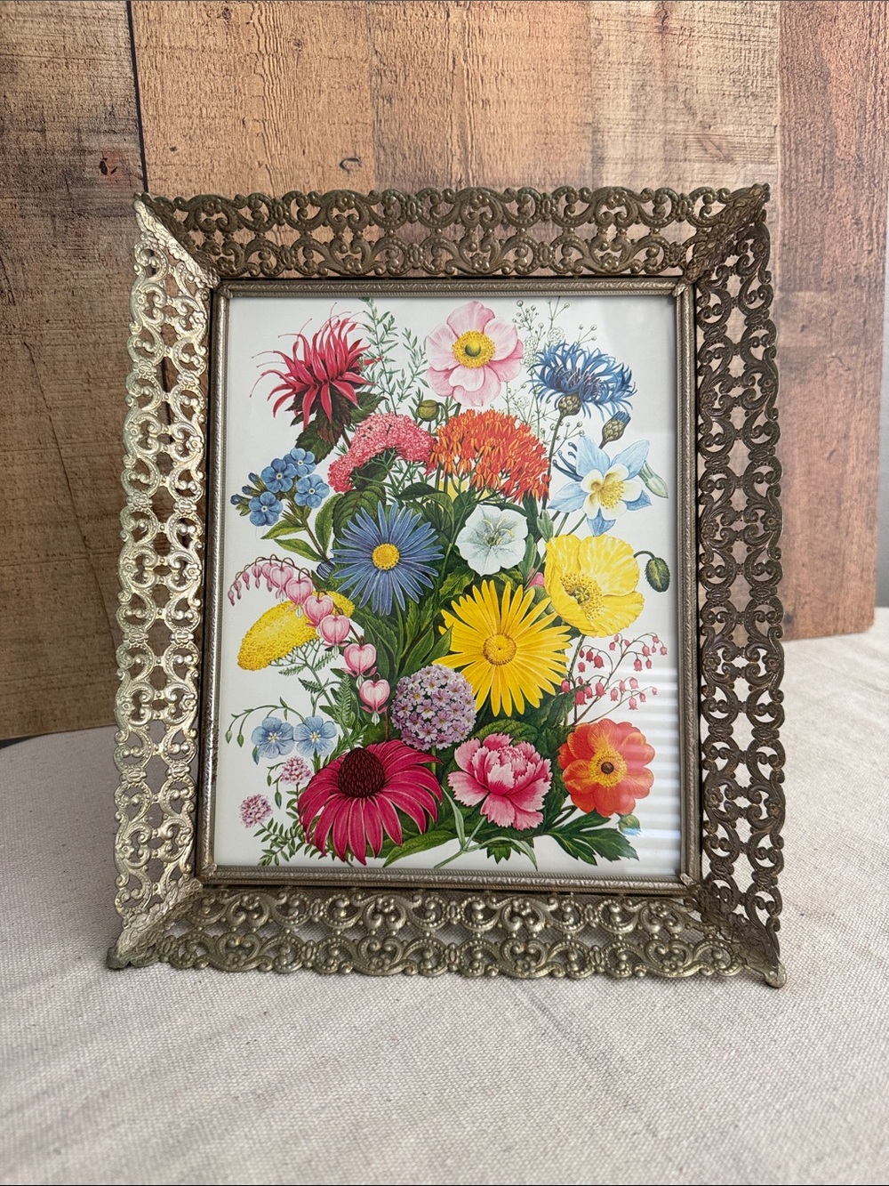 Vintage Brass Toned Filigree Frame with a Botanical Print